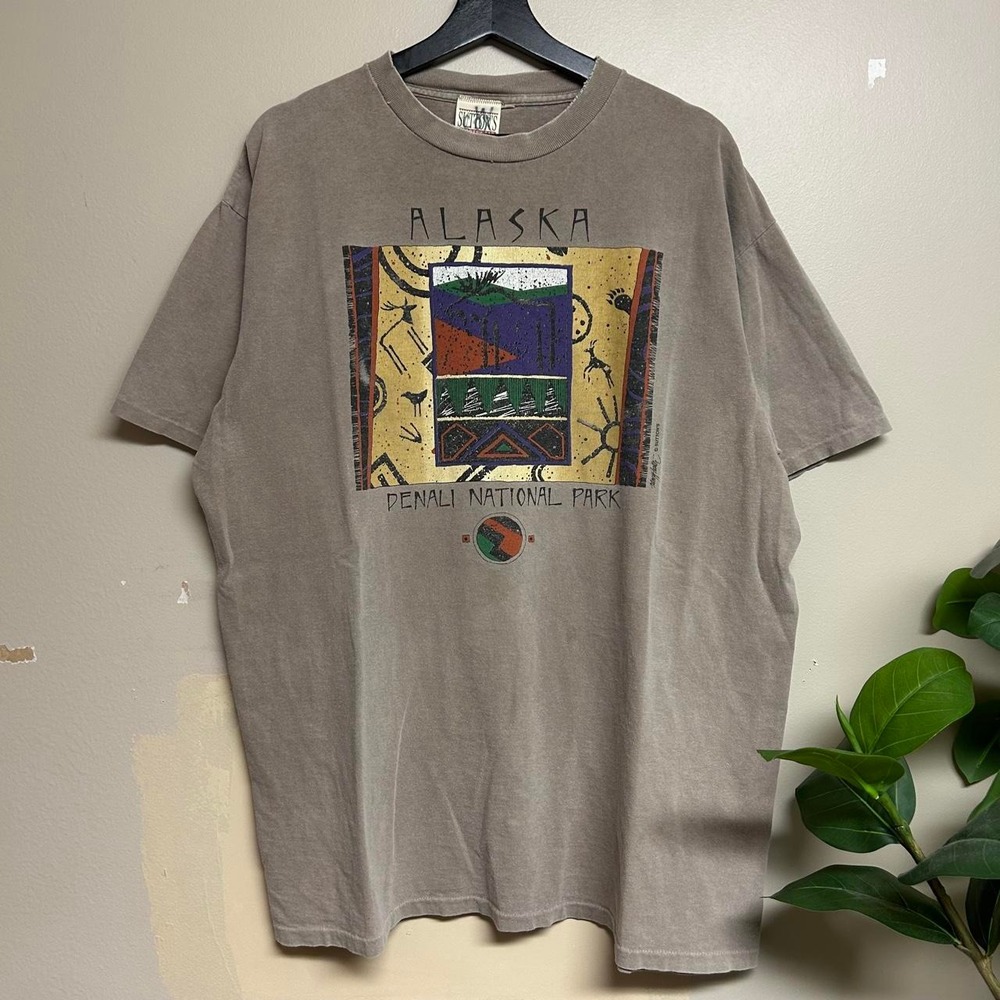 Vintage 90s Alaska Denali National Park Aztec Faded Brown Shirt Mens XL